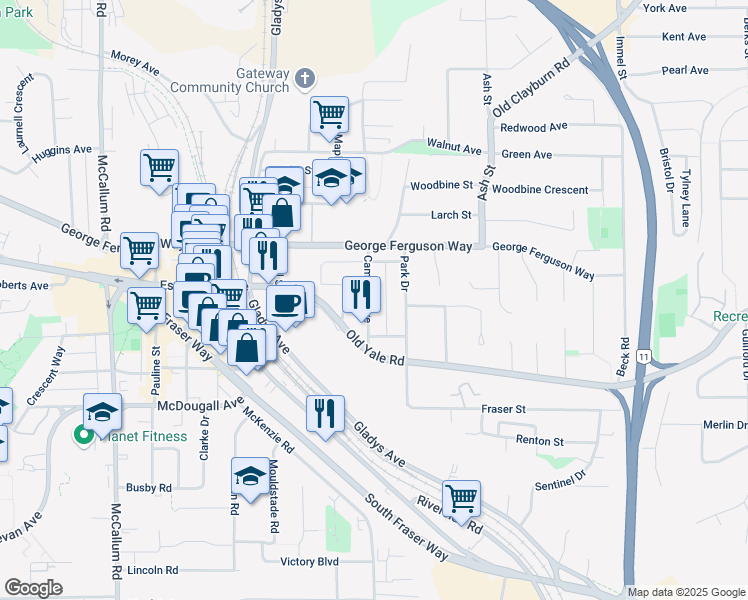 map of restaurants, bars, coffee shops, grocery stores, and more near in Abbotsford