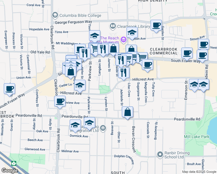 map of restaurants, bars, coffee shops, grocery stores, and more near 2565 James Street in Abbotsford