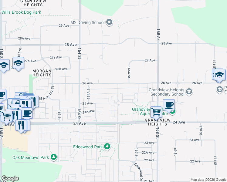 map of restaurants, bars, coffee shops, grocery stores, and more near 16579 25A Avenue in Surrey