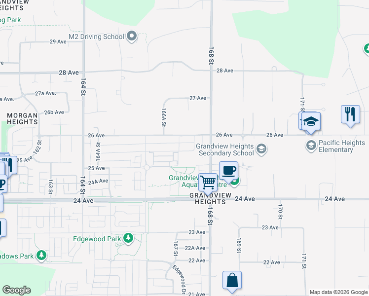 map of restaurants, bars, coffee shops, grocery stores, and more near 16717 25A Avenue in Surrey