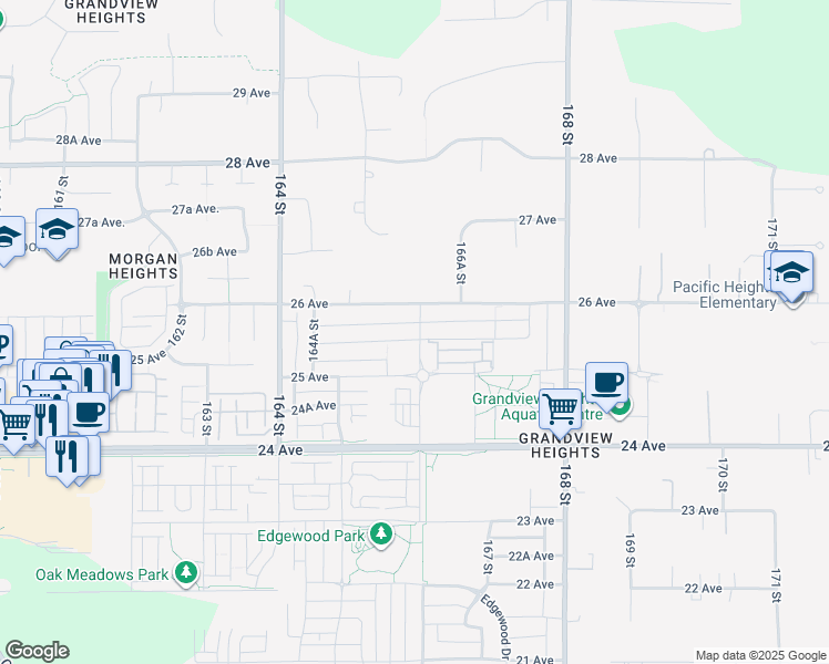 map of restaurants, bars, coffee shops, grocery stores, and more near 16595 25A Avenue in Surrey