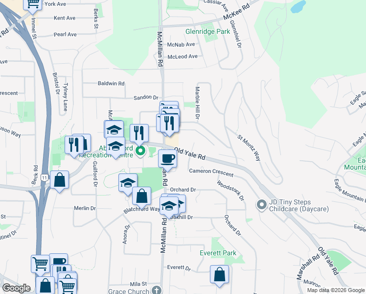 map of restaurants, bars, coffee shops, grocery stores, and more near 211 Old Yale Road in Abbotsford
