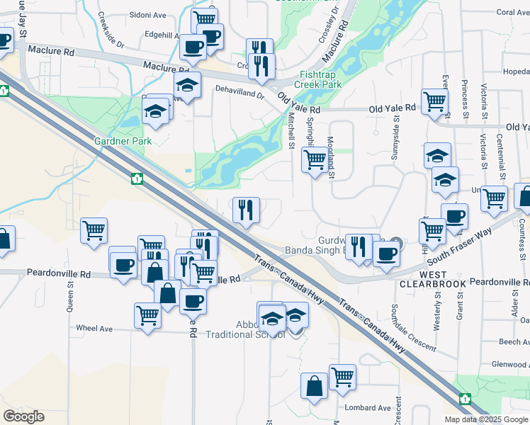 map of restaurants, bars, coffee shops, grocery stores, and more near 31313 Livingstone Avenue in Abbotsford