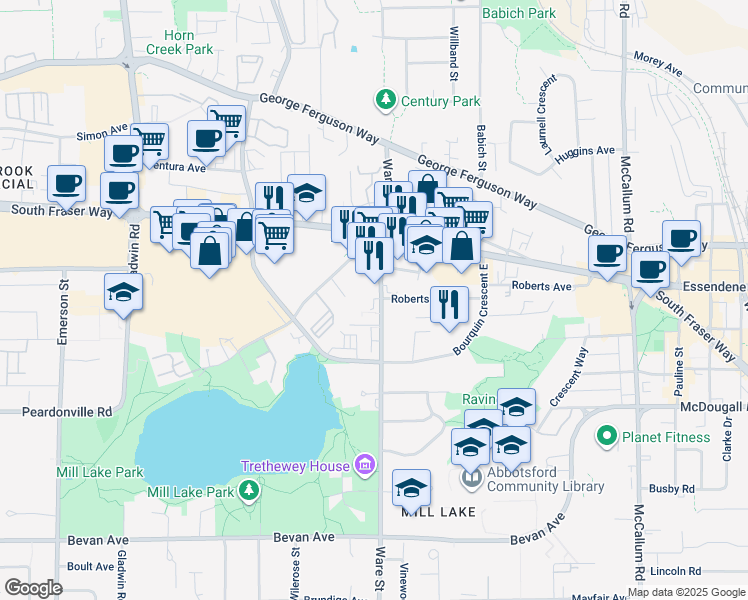 map of restaurants, bars, coffee shops, grocery stores, and more near in Abbotsford