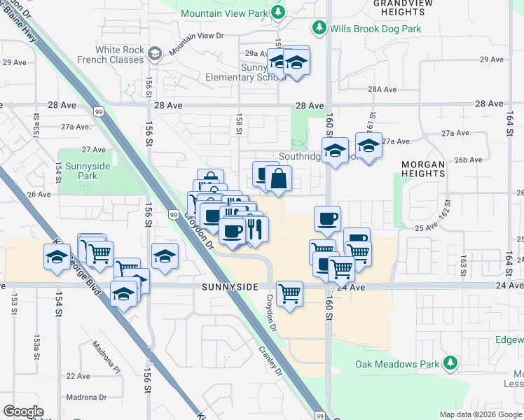 map of restaurants, bars, coffee shops, grocery stores, and more near in Surrey