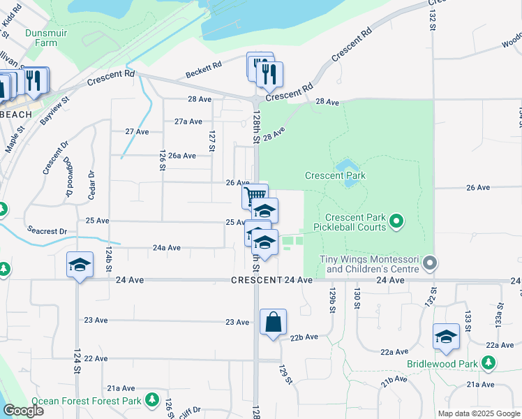 map of restaurants, bars, coffee shops, grocery stores, and more near 2536 128th Street in Surrey