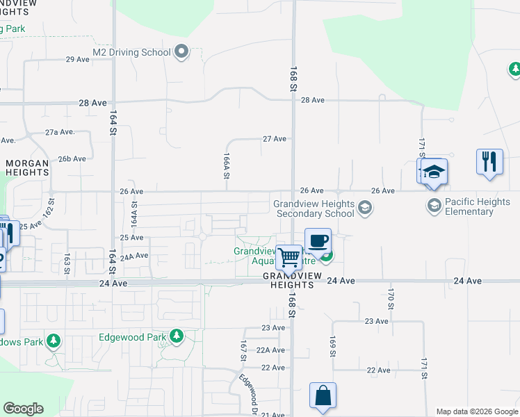 map of restaurants, bars, coffee shops, grocery stores, and more near 16723 25A Avenue in Surrey