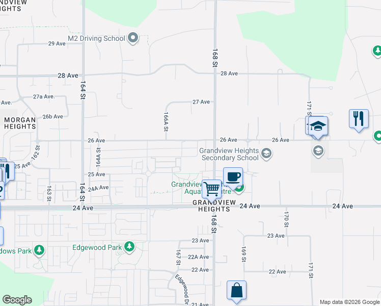 map of restaurants, bars, coffee shops, grocery stores, and more near 16723 25A Avenue in Surrey