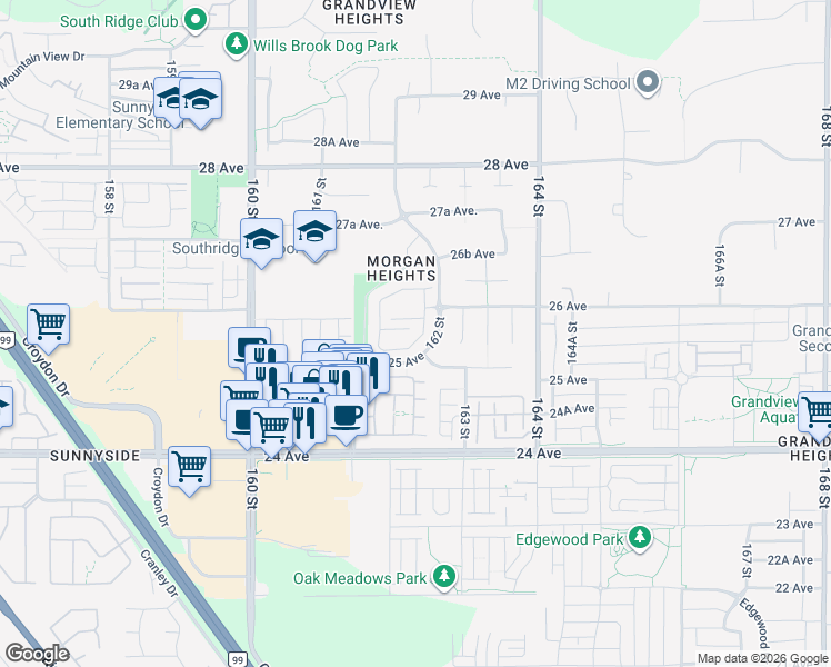 map of restaurants, bars, coffee shops, grocery stores, and more near 2603 162 Street in Surrey