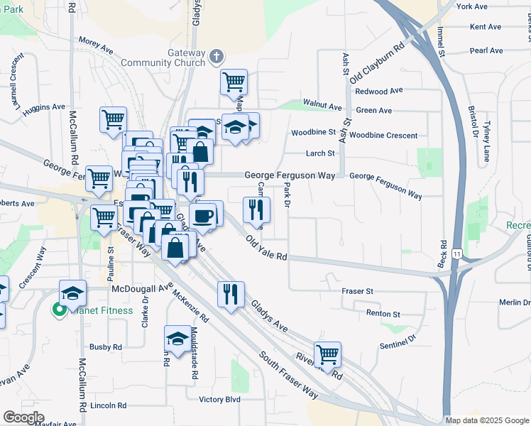 map of restaurants, bars, coffee shops, grocery stores, and more near 2574 Campbell Avenue in Abbotsford