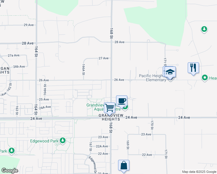 map of restaurants, bars, coffee shops, grocery stores, and more near 2561 168 Street in Surrey