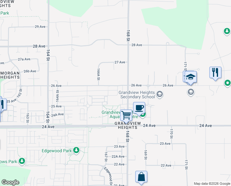 map of restaurants, bars, coffee shops, grocery stores, and more near 16745 25A Avenue in Surrey