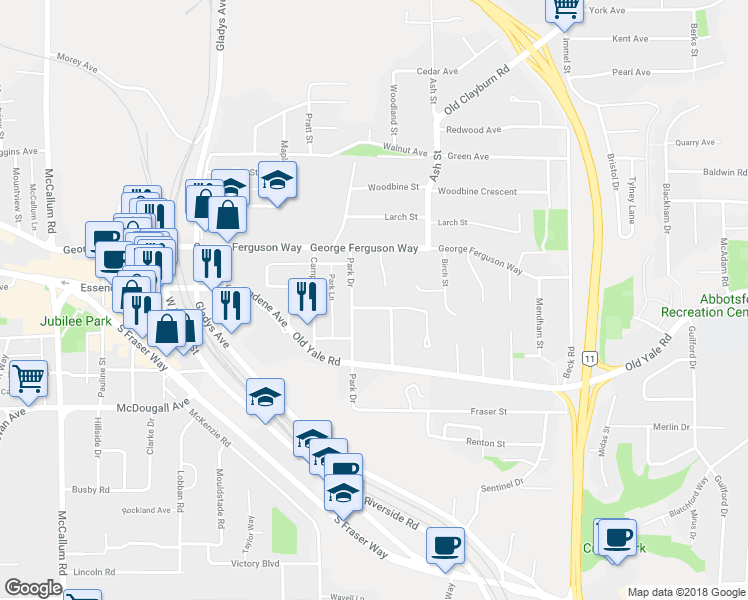 map of restaurants, bars, coffee shops, grocery stores, and more near 34093 Spruce Street in Abbotsford