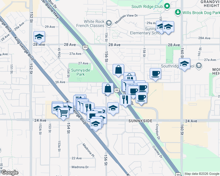 map of restaurants, bars, coffee shops, grocery stores, and more near 2550 156 Street in Surrey