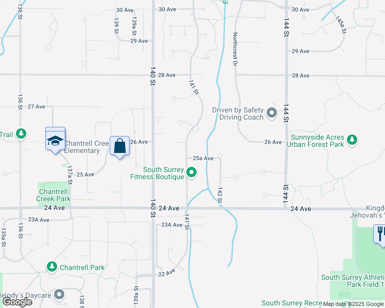 map of restaurants, bars, coffee shops, grocery stores, and more near 14137 25A Avenue in Surrey