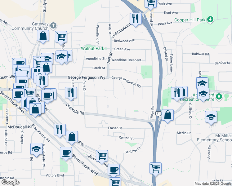map of restaurants, bars, coffee shops, grocery stores, and more near 2570 Birch Street in Abbotsford