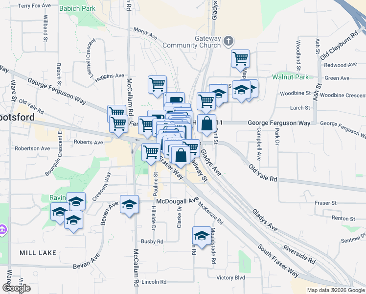 map of restaurants, bars, coffee shops, grocery stores, and more near 33790 Essendene Avenue in Abbotsford