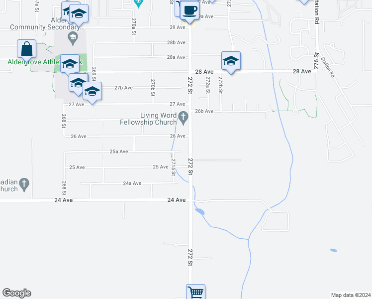 map of restaurants, bars, coffee shops, grocery stores, and more near 27144 25A Avenue in Langley Township