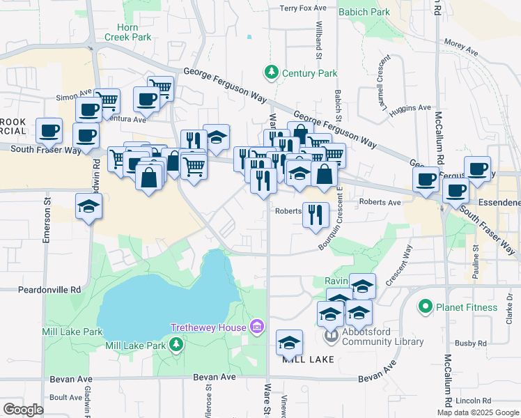 map of restaurants, bars, coffee shops, grocery stores, and more near 2575 Ware Street in Abbotsford