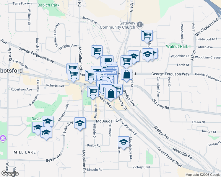 map of restaurants, bars, coffee shops, grocery stores, and more near 33780 Essendene Avenue in Abbotsford