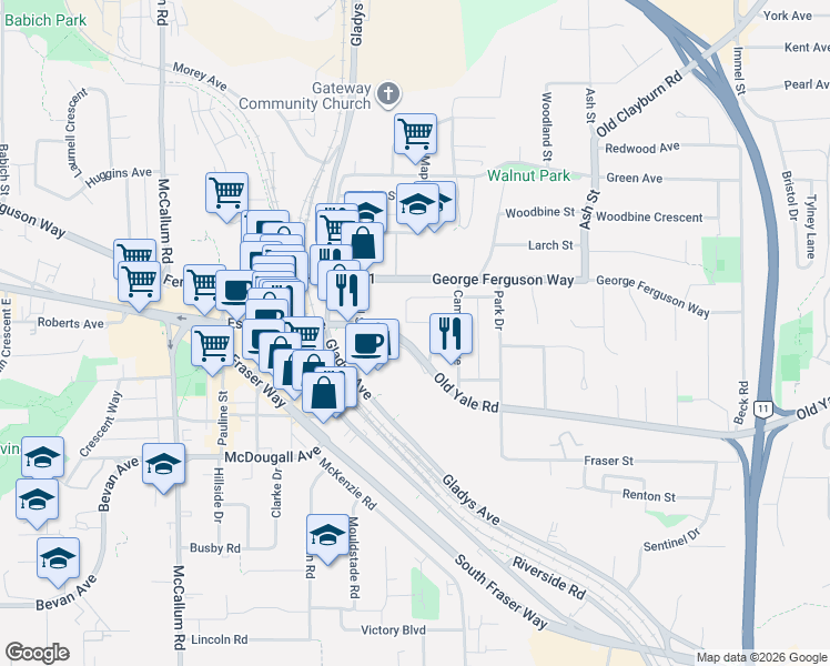 map of restaurants, bars, coffee shops, grocery stores, and more near 33956 Essendene Avenue in Abbotsford