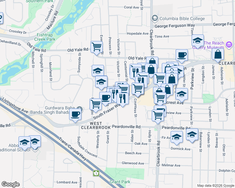 map of restaurants, bars, coffee shops, grocery stores, and more near 2567 Victoria Street in Abbotsford