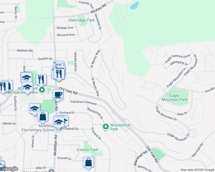 map of restaurants, bars, coffee shops, grocery stores, and more near 2780 Saint Moritz Way in Abbotsford