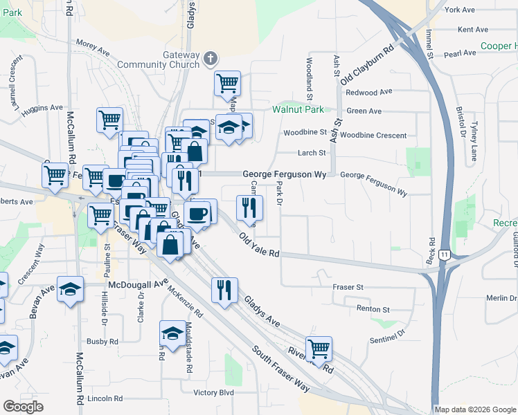 map of restaurants, bars, coffee shops, grocery stores, and more near in Abbotsford