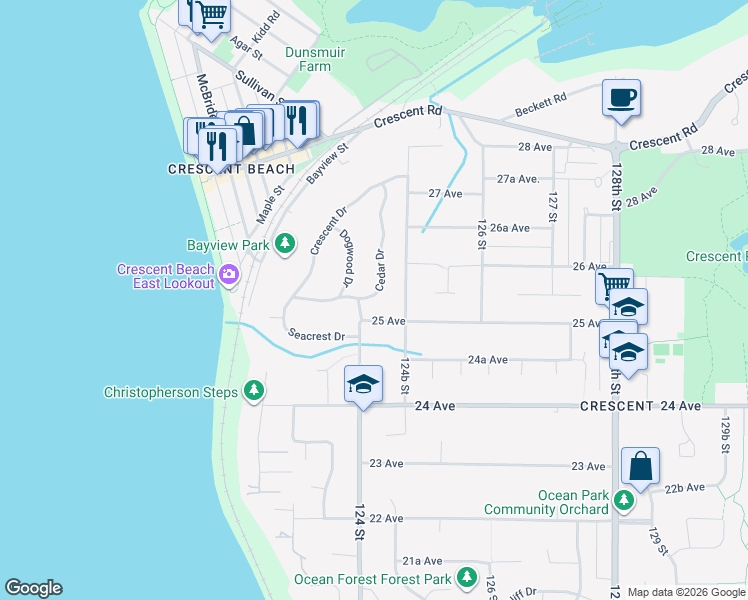 map of restaurants, bars, coffee shops, grocery stores, and more near 2534 Cedar Drive in Surrey
