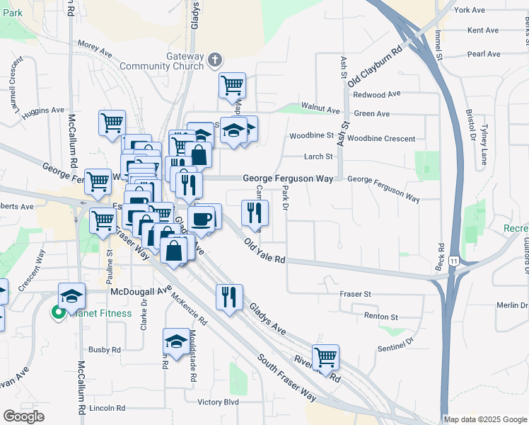 map of restaurants, bars, coffee shops, grocery stores, and more near 2580 Campbell Avenue in Abbotsford