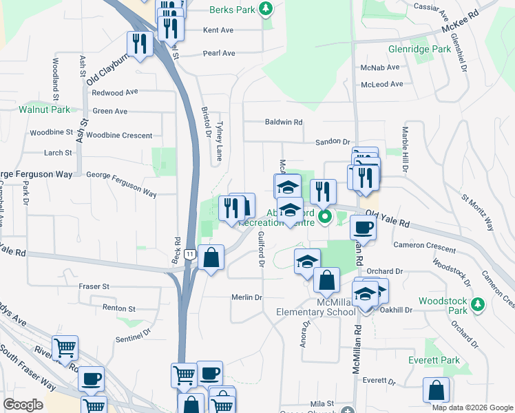 map of restaurants, bars, coffee shops, grocery stores, and more near 34620 Old Yale Road in Abbotsford