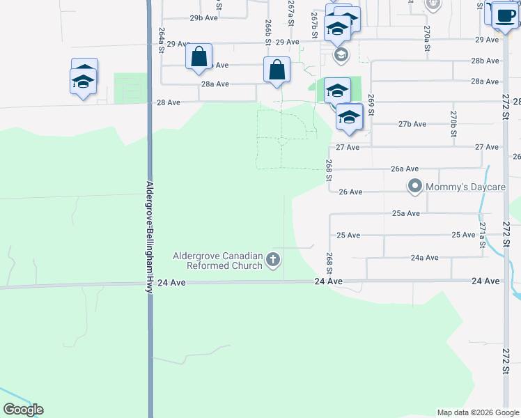 map of restaurants, bars, coffee shops, grocery stores, and more near 2561 267 Street in Langley Township
