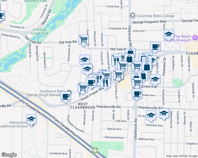 map of restaurants, bars, coffee shops, grocery stores, and more near 31790 Union Avenue in Abbotsford