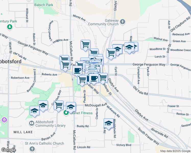 map of restaurants, bars, coffee shops, grocery stores, and more near 2-2569 Montrose Avenue in Abbotsford