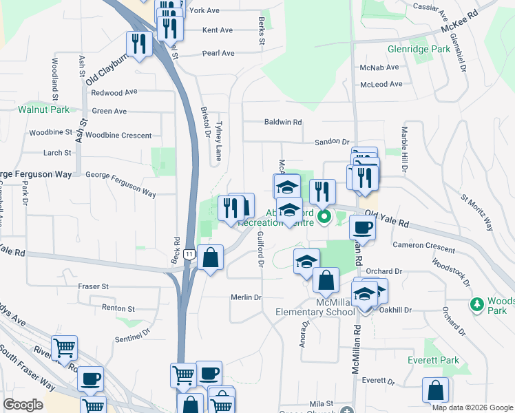 map of restaurants, bars, coffee shops, grocery stores, and more near 34620 Old Yale Road in Abbotsford