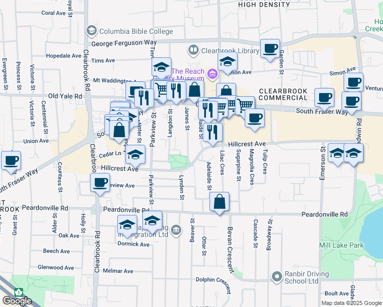 map of restaurants, bars, coffee shops, grocery stores, and more near 2565 James Street in Abbotsford