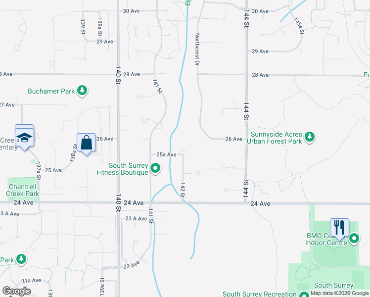map of restaurants, bars, coffee shops, grocery stores, and more near 2570 142 Street in Surrey