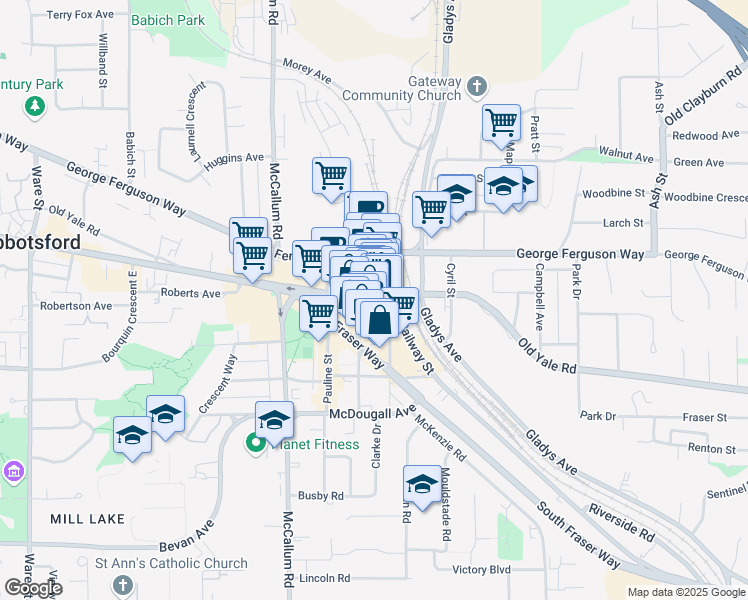 map of restaurants, bars, coffee shops, grocery stores, and more near 33790 Essendene Avenue in Abbotsford
