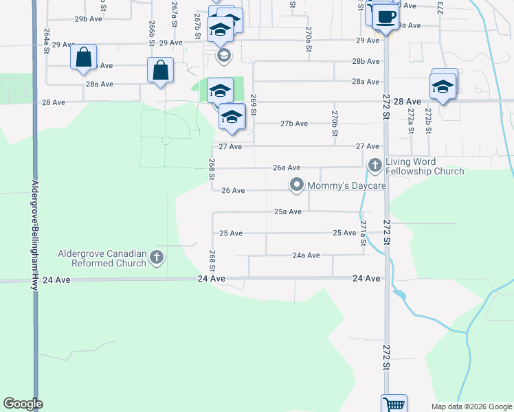 map of restaurants, bars, coffee shops, grocery stores, and more near 26905 25A Avenue in Langley Township