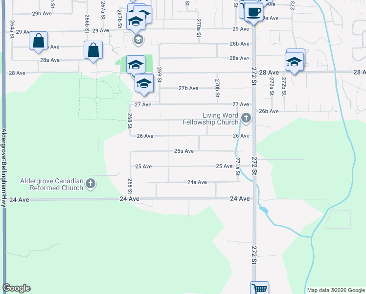 map of restaurants, bars, coffee shops, grocery stores, and more near 26965 25A Avenue in Langley Township