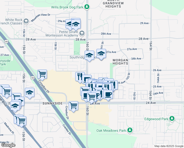map of restaurants, bars, coffee shops, grocery stores, and more near 2501 161A Street in Surrey