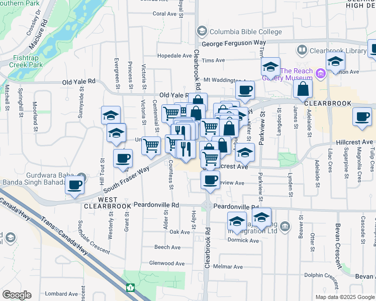 map of restaurants, bars, coffee shops, grocery stores, and more near 31952 South Fraser Way in Abbotsford