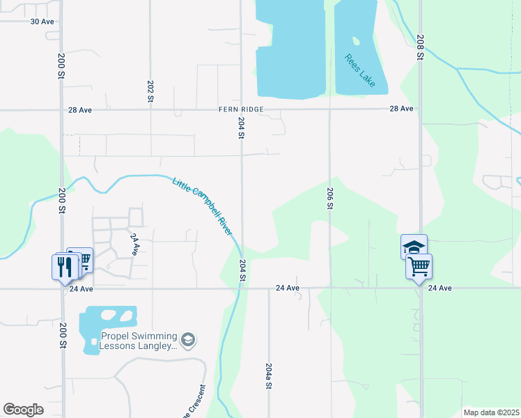 map of restaurants, bars, coffee shops, grocery stores, and more near 2572 204 Street in Langley Township