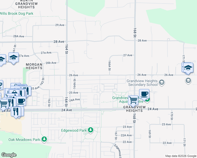 map of restaurants, bars, coffee shops, grocery stores, and more near 16745 25A Avenue in Surrey