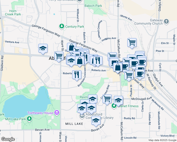 map of restaurants, bars, coffee shops, grocery stores, and more near 33410 Roberts Avenue in Abbotsford