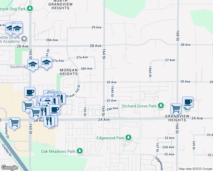 map of restaurants, bars, coffee shops, grocery stores, and more near 2586 164 Street in Surrey