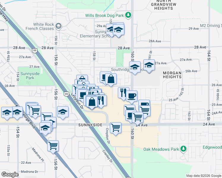 map of restaurants, bars, coffee shops, grocery stores, and more near 15850 26 Avenue in Surrey