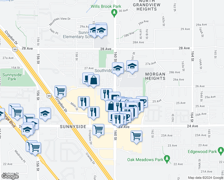 map of restaurants, bars, coffee shops, grocery stores, and more near 15988 26 Avenue in Surrey