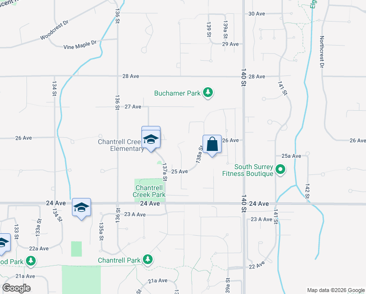 map of restaurants, bars, coffee shops, grocery stores, and more near 2570 138 Street in Surrey
