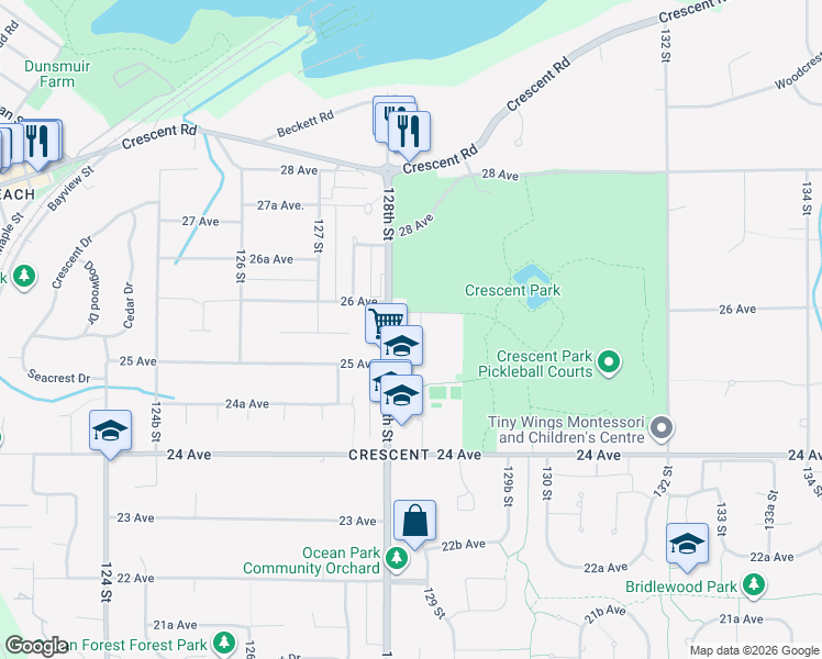 map of restaurants, bars, coffee shops, grocery stores, and more near 2581 128 A Street in Surrey